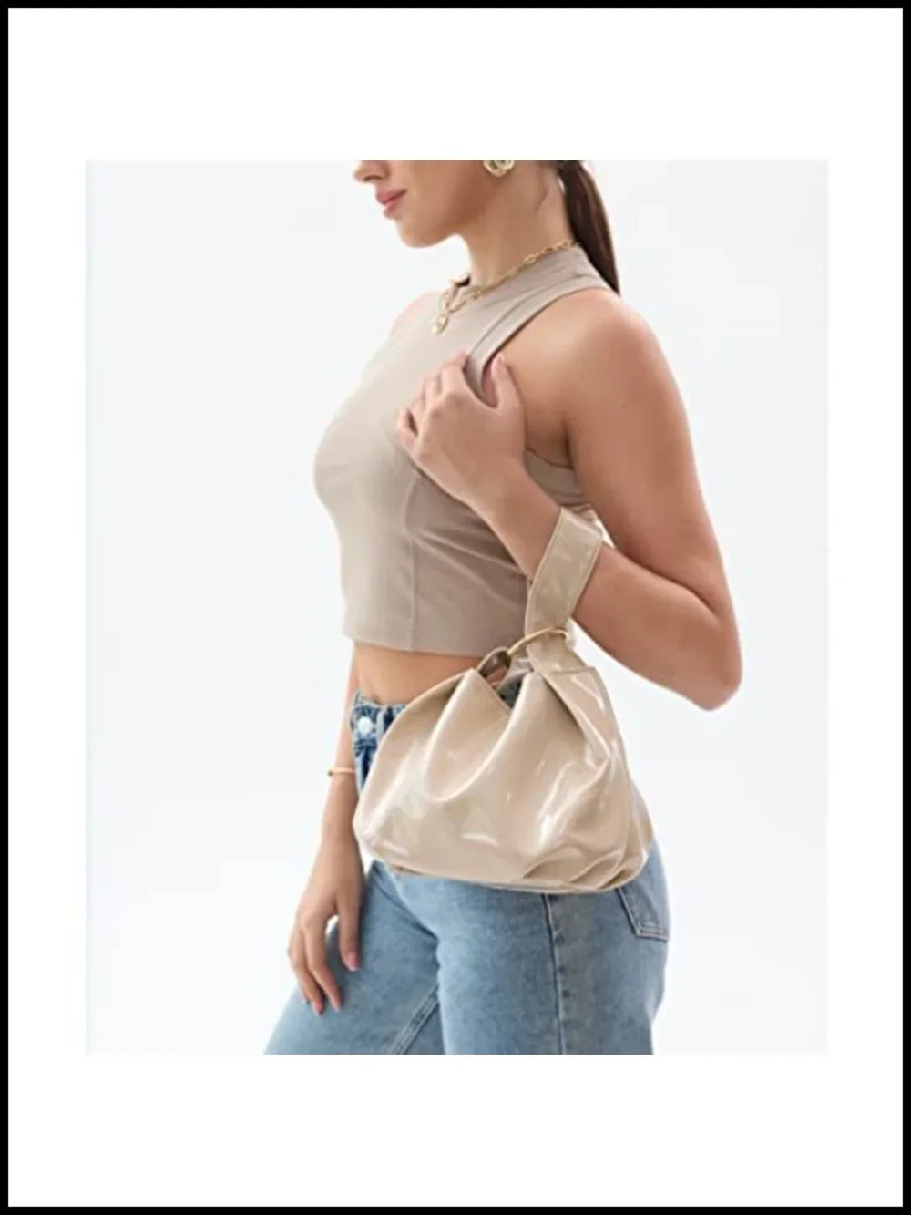 Women's Patent Vegan Leather Hobo Top Handle Bag Clutch Wristlet